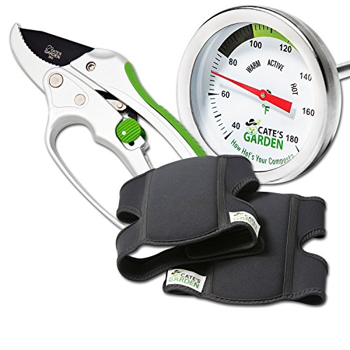 Cates Garden 3Piece Garden Tool Set  Compost Thermometer Premium Stainless Steel Ultra Comfort Knee Pads for The Home Gardener Ratchet Pruning Shears 8 Easy Action AnvilType Pruners