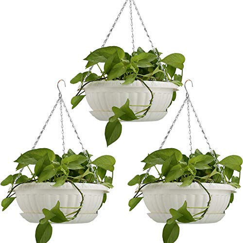 1259 Large Hanging Planters with Drainage HoleTray Hanging Flower Pots Plastic Plant Hanger Holders Hanging Basket for Indoor Outdoor Home Garden Herb Succulent (Pack 3)