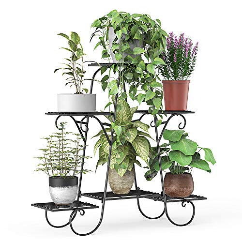 Elekin 6 Tier Metal Shelves Flower Pot Plant Stand Display Indoor Outdoor Garden Patio Plant Rack (Black)