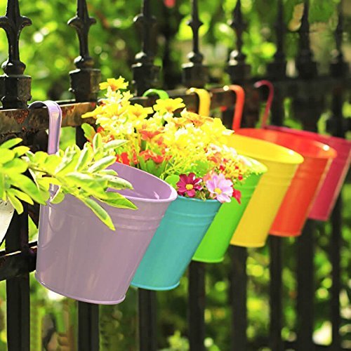 Flower Pots10 Pcs Metal Iron Hanging Flower Plant Pots Balcony Garden Plant Planter Baskets Fence Bucket Pots 394 Flower Holders with Detachable Hook