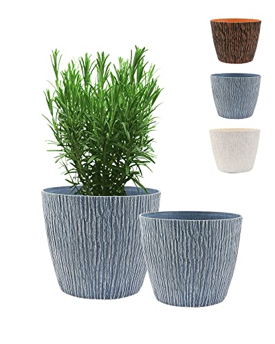 Flower Pots KOTAO Outdoor Indoor Garden Plant Pots with Drainage Holes 8  7 Inch Planters Stone Pattern Blue Set of 2