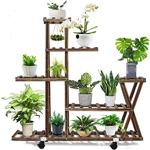 cfmour Wood Plant Stand Indoor Outdoor Plant Display Multi Tier Flower Shelves Stands Garden Plant Shelf Rack Holder in Corner Living Room Balcony Patio Yard with 3 Free Gardening Tools