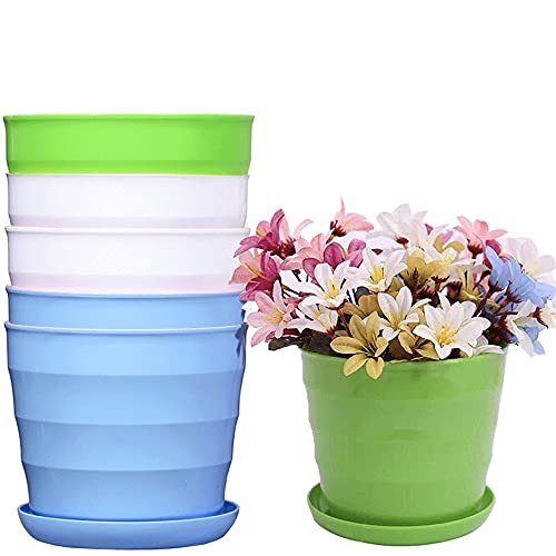 Fawntesco Plastic Plants Nursery Pots 6 inch Variety Color Flower Planters for Orchid Cactus Succulents and Seeds Starting 5 Pack Indoor Live Plant Containers with Drainage and Tray (M Size)