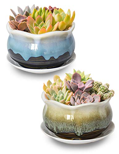 Dahlia 55 Set of 2 Rustic Drip Glazed Ceramic PlanterSucculent PotPlant Pot GreenTurquoise