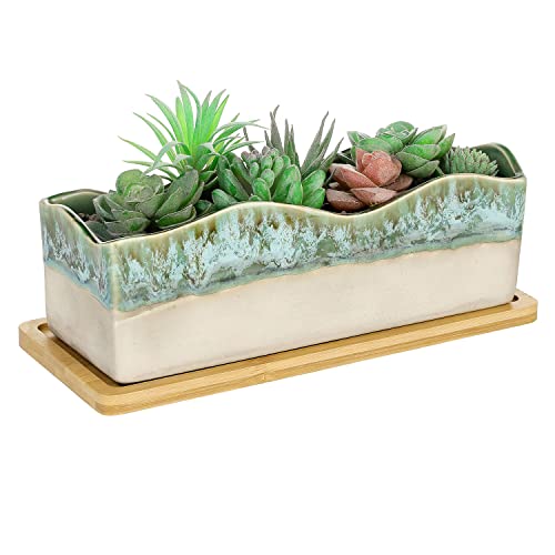 MyGift Rectangular Succulent Planter  Decorative Beige and Green Ceramic Glazed Plant Container Pot with Removable Bamboo Tray