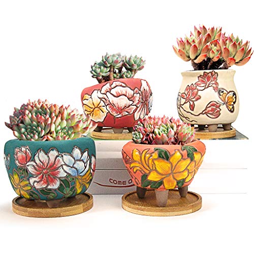 Succulent Pots Summer Impressions 35 Inch 4 Inch Hand Painted Cactus Plant Planter Clay Flower Pot with Drainage Bamboo Saucers Pack of 4 (White Red Green Orange)