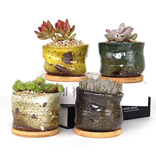Summer Impressions 3 Inch Handmade Stone Like Irregular Shape Round Ceramic Succulent Planter Pot with Drainge and Saucer Cactus Clay Pot Set of 4 (3 Inch Green Brown Yellow White)