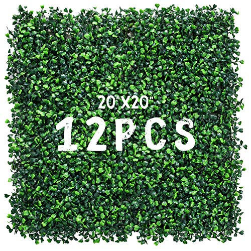 Decwin 12 Pieces 20 X 20 Artificial Hedge Boxwood Panels with 441 Stitches Faux Topiary Boxwood Hedge Grass Wall Green Greenery Plant Mats UV Stable for Indoor Outdoor Decor Garden Fence Backdrop