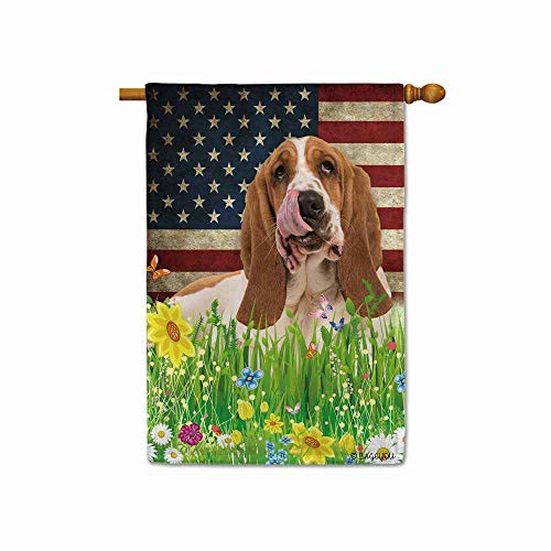 BAGEYOU Basset Hound House Flag Lovely Pet Dog American US Flag Wildflowers Floral Grass Spring Summer Decorative Patriotic Banner for Outside 28x40 Inch Printed Double Sided