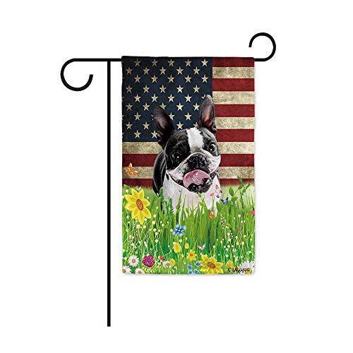 BAGEYOU Boston Terrier Garden Flag Lovely Pet Dog American US Flag Wildflowers Floral Grass Spring Summer Decorative Patriotic Banner for Outside 125x18 Inch Printed Double Sided