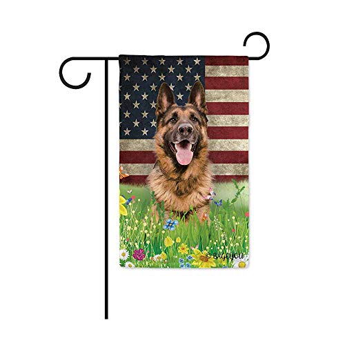 BAGEYOU Cute Dog German Shepherd Garden Flag Lovely Pet Dog American US Flag Wildflowers Floral Grass Spring Summer Decorative Patriotic Banner for Outside 125x18 inch Printed Double Sided