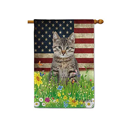 BAGEYOU Cute Kitty Cat House Flag Lovely Pet Kitten American US Flag Wildflowers Floral Grass Spring Summer Decorative Patriotic Banner for Outside 28x40 inch Printed Double Sided