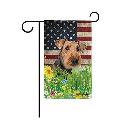 BAGEYOU Cute Puppy Airedale Garden Flag Lovely Pet Dog American US Flag Wildflowers Floral Grass Spring Summer Decorative Patriotic Banner for Outside 125x18 inch Printed Double Sided