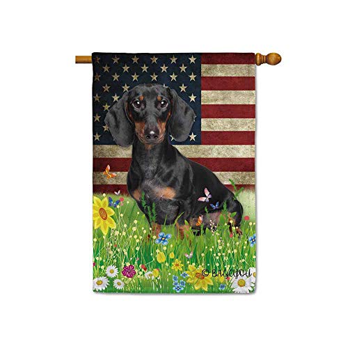 BAGEYOU Cute Puppy Dachshund House Flag Lovely Pet Dog American US Flag Wildflowers Floral Grass Spring Summer Decorative Patriotic Banner for Outside 28x40 inch Printed Double Sided