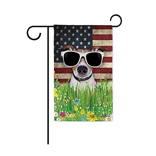 BAGEYOU Cute Puppy Jack Russell Terrier Garden Flag Lovely Pet Dog American US Flag Wildflowers Floral Grass Spring Summer Decorative Patriotic Banner for Outside 125x18 inch Printed Double Sided
