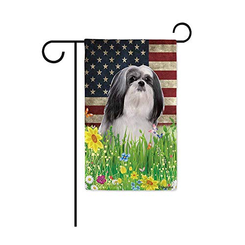 BAGEYOU Cute Puppy Lhasa Apso Garden Flag Lovely Pet Dog American US Flag Wildflowers Floral Grass Spring Summer Decorative Patriotic Banner for Outside 125 x 18 inch Printed Double Sided