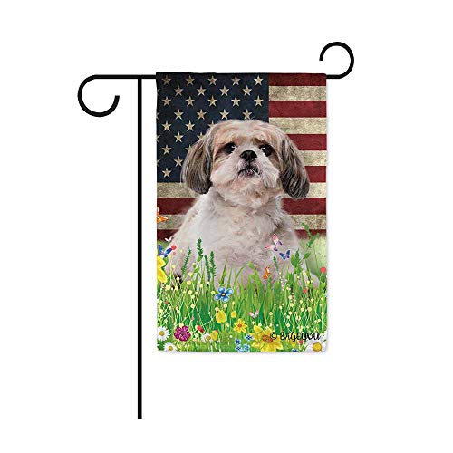 BAGEYOU Cute Puppy Shih Tzu Garden Flag Lovely Pet Dog American US Flag Wildflowers Floral Grass Spring Summer Decorative Patriotic Banner for Outside 125x18 inch Printed Double Sided