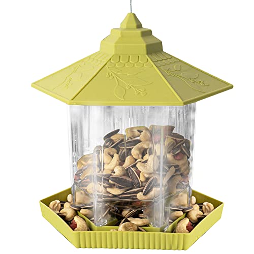 Nerosun Hanging Wild Bird Feeders for Outside Outdoors Grass Green Gazebo Bird Feeder for Yard Garden Decor with Hexagon Shaped Roof Decarions