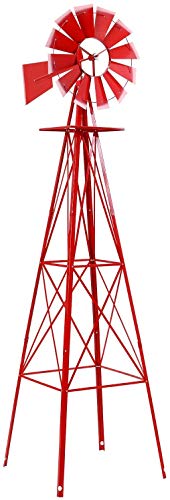 Crownland 8FT Ornamental Windmill Backyard Garden Decoration Weather Vane Heavy Duty Metal Wind Mill Weather Resistant 4 Legs Design (Red)