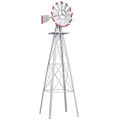 Tangkula 8FT Windmill Yard Garden Metal Ornamental Wind Mill Weather Vane Weather Resistant (Grey)