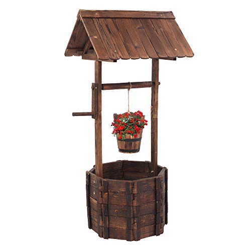 VINGLI Wooden Wishing Well Hanging Bucket Rustic Flower Planter Patio Garden Ornamental Outdoor Home Décor Decorative Front Yard Lawn