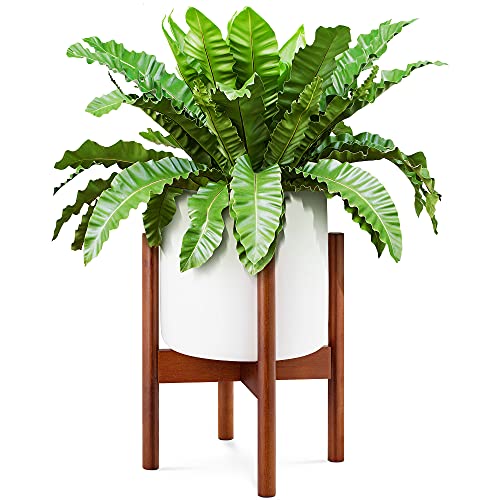 14 Mid Century Modern Large Planter with Stand Elevated Plant Stand with Pot Included 10 Inch White Plant Pot 14 Inch Tall Bamboo Plant Holder for Indoor Snake Plants Flowers Wood  Ceramic Alt