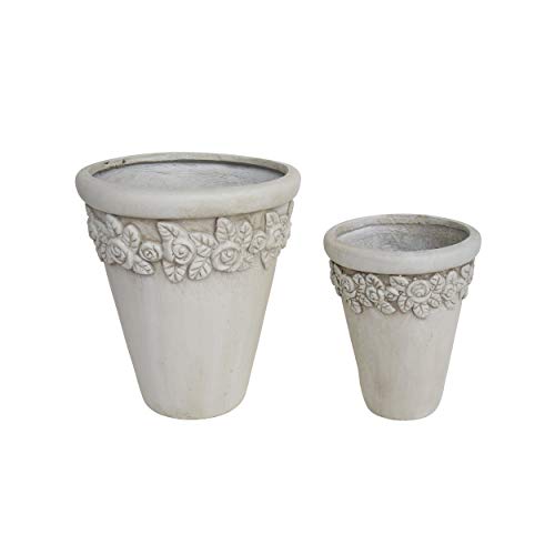 Great Deal Furniture Alice Garden Planter Pots Lipped Edges Tapered Botanical Accents Antique White Lightweight Concrete (Set of 2)