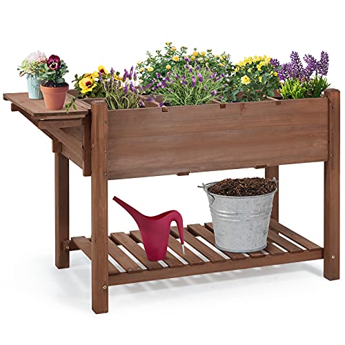 AVAWING Raised Planter Box Outdoor Elevated Wood Garden Bed wLarge Storage Shelf Garden Herb Boxes w Retractable Worktable for Vegetables Flower