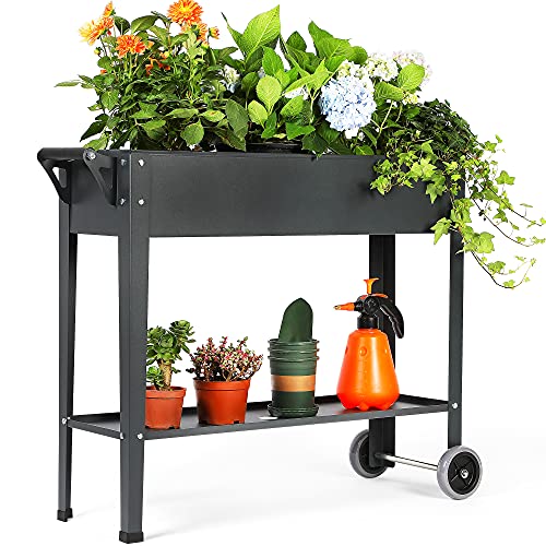 YITAHOME 2 Wheeled Raised Garden BedPatio Elevated Planter Box for Vegetables Fruits Flowers Herbs (Black)