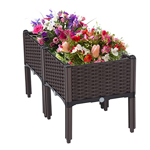 kinbor Elevated Planter Raised Bed  Plastic Raised Garden Beds with SelfWatering Design Rattan Elevated Planters Box Kit for Flowers Plants Vegetables Herbs (Brown 2 Planter Boxes)