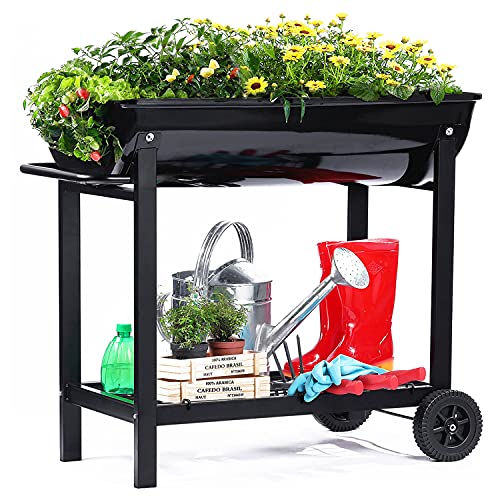 Aveyas Mobile Metal Raised Garden Bed Cart with Legs  Wheels Elevated Tall Planter Box with Lower Shelf for Outdoor Indoors Home Patio Backyard Vegetables Tomato Herb DIY Easy Grow (Black 32 inch)