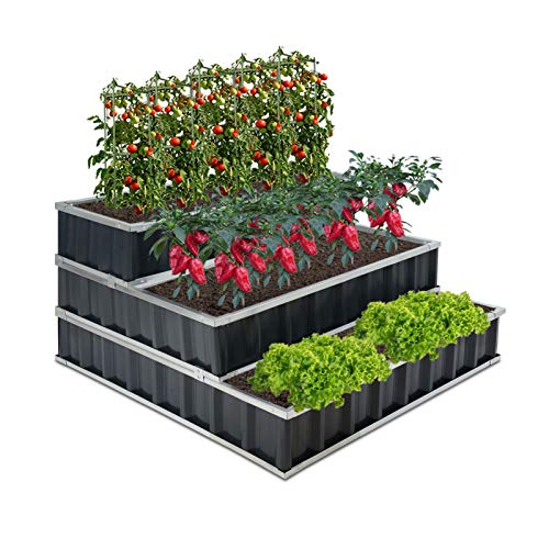 GROWNEER 3 Tier 4 x 4 x 2 Feet Dark Gray Metal Raised Garden Bed with 1 Pair of Gloves and 15 Pcs Plant Labels Elevated Planter Box for Vegetables Fruits Flowers Herbs