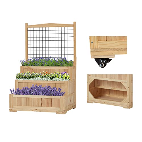 Kinsunny 3Tiers Raised Garden Bed with Storage Standing Elevated Planter Box with Wheels and Trellis Outdoor for Herbs Vegetables Garden Yard