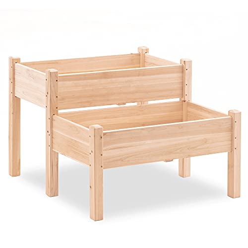 Mcombo Raised Garden Bed 2 Tier Outdoor Wood Elevated Planter Box Kit with Legs Raised Planter Box for Vegetables Herb and Flowers 339 x 337 x 197 0836 (Natural)