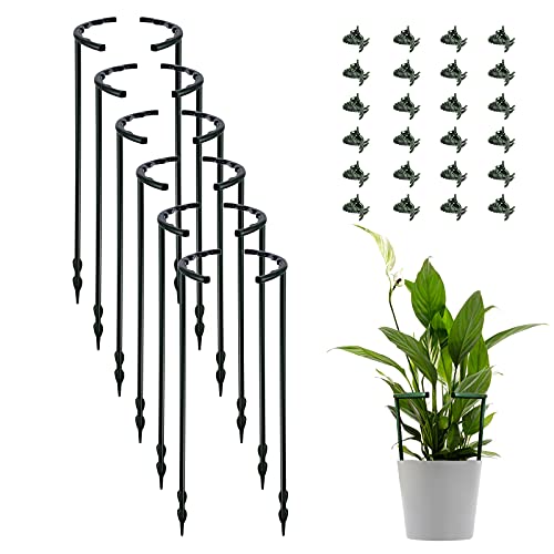 12 Pack Plant Support Plant Stakes with 24 Pcs Plant Clips Half Round Plant Support Ring Plastic Plant Cage Holder Flower Pot Climbing Trellis for Small Plant Flower VegetableIndoor Plants