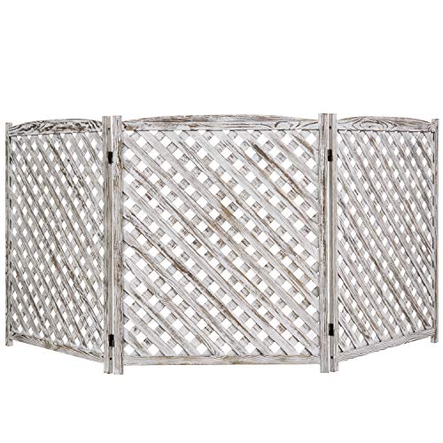 MyGift 3Panel Garden Lattice Privacy Screen White Washed Wood Trellis Design Outdoor Folding Fence Enclosure for Climbing Plants