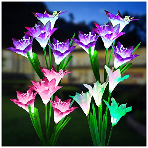 Outdoor Solar Lights KOOPER 4 Pack Solar Garden Lights with Bigger Lily Flowers Waterproof 7 Color Changing Outdoor Lights  Bigger Solar Panel for Garden Patio Yard Pathway Decoration