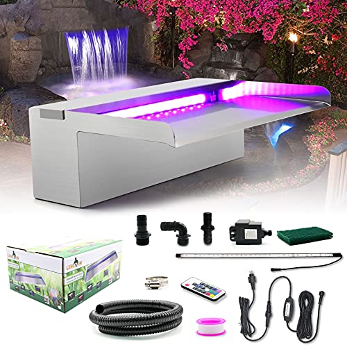 LONGRUN Pool Fountain Stainless Steel Outdoor Pond Spillway Waterfall with Wider Water Flow Platform MultiColor LED Light Spray Indoor Waterfall Fountains for Garden118 x 8 x 394(W x D x H)