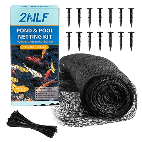 2NLF Pond Netting Kit 15 x 20 Feet Heavy Duty Woven Fine Mesh Net Cover for Leaves Protecting Koi Fish from Birds Cats etc Durable Cuttable UV Stabilized Net 14 Stakes and 30 Zip Ties Included