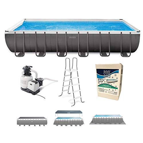 Intex 26363EH 24ft x 12ft x 52in Ultra XTR Frame Outdoor Above Ground Rectangular Swimming Pool Set with Pump Ladder Pool Cover and Winterizing Kit
