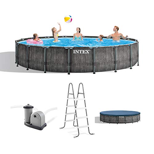 Intex 26743EH Greywood Premium Prism 18ft x 48in Steel Frame Outdoor Above Ground Round Swimming Pool Set with Cover Ladder and 1500 GPH Filter Pump