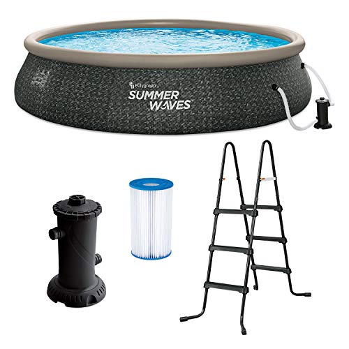 Summer Waves P1A01642E 16ft x 42in Round Quick Set Inflatable Ring Above Ground Swimming Pool with Ladder and Filter Pump Dark Gray Herringbone Print