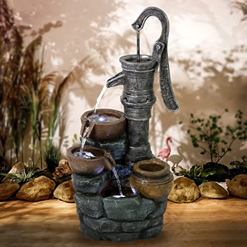Gardenfans 32H Garden Fountain Outdoor Clearance with LED LightsIndoor Rustic Cascading FloorStanding Waterfall Feature Fountains for Garden Office Deck Patio Porch Yard and Home Art Decor