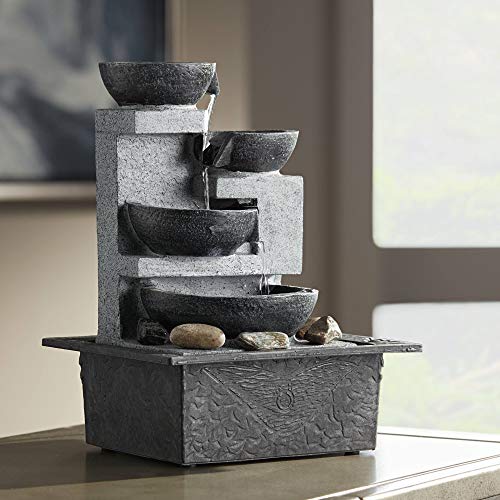 John Timberland Four Cup Small Indoor TableTop Water Fountain with Light LED 11 High Cascading Faux Stone Zen Meditation Decor for Table Desk Home Office Bedroom House Living Room Relaxation