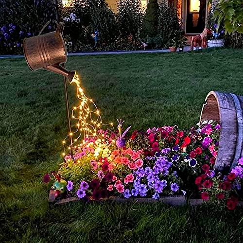 Solar Watering Can with Cascading Lights Outdoor Yard Decoration Waterproof Decorative Watering Can for Fairy Garden Lawn Path Yard Patio Art Romantic Atmosphere