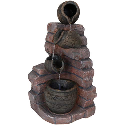 Sunnydaze Crumbling Bricks  Pots Solar Cascading Water Fountain with LED Lights  Outdoor Waterfall Feature with Battery Powered Backup  27 Inch Tall