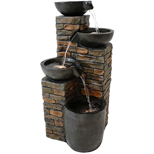 Sunnydaze Outdoor Water Fountain Staggered Pottery Bowls  LED Lights  Perfect for Garden Patio Yard or Porch  Cascading Tiered Waterfall Feature 34Inch Tall