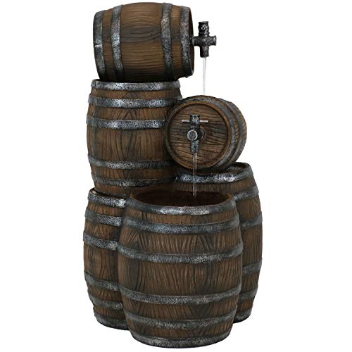 Sunnydaze Stacked Whiskey Barrel Outdoor Water Fountain with LED Lights Rustic Yard  Garden Cascading Waterfall Feature 29Inch