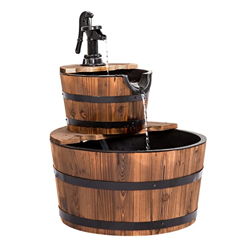 kinbor Wood Barrel Fountain Outdoor  2 Tier Water Fountain Decor Cascading Waterfall with Pump for Outside Garden Backyard Patio Porch Rustic