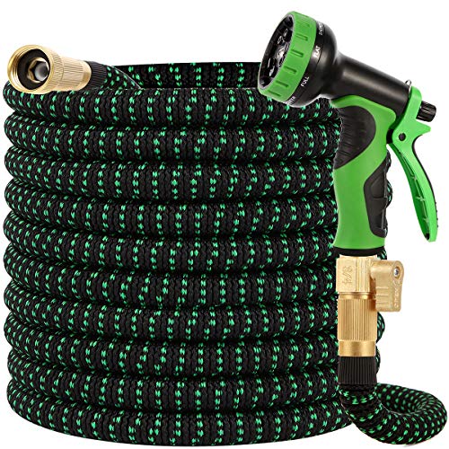 Buheco Garden Hose 100ftWater hose with 9 Function Spray Nozzle and Durable 34 inch Solid Brass Fittings No Kink Flexible Lightweight Outdoor Long Retractable Hose Pipe Set